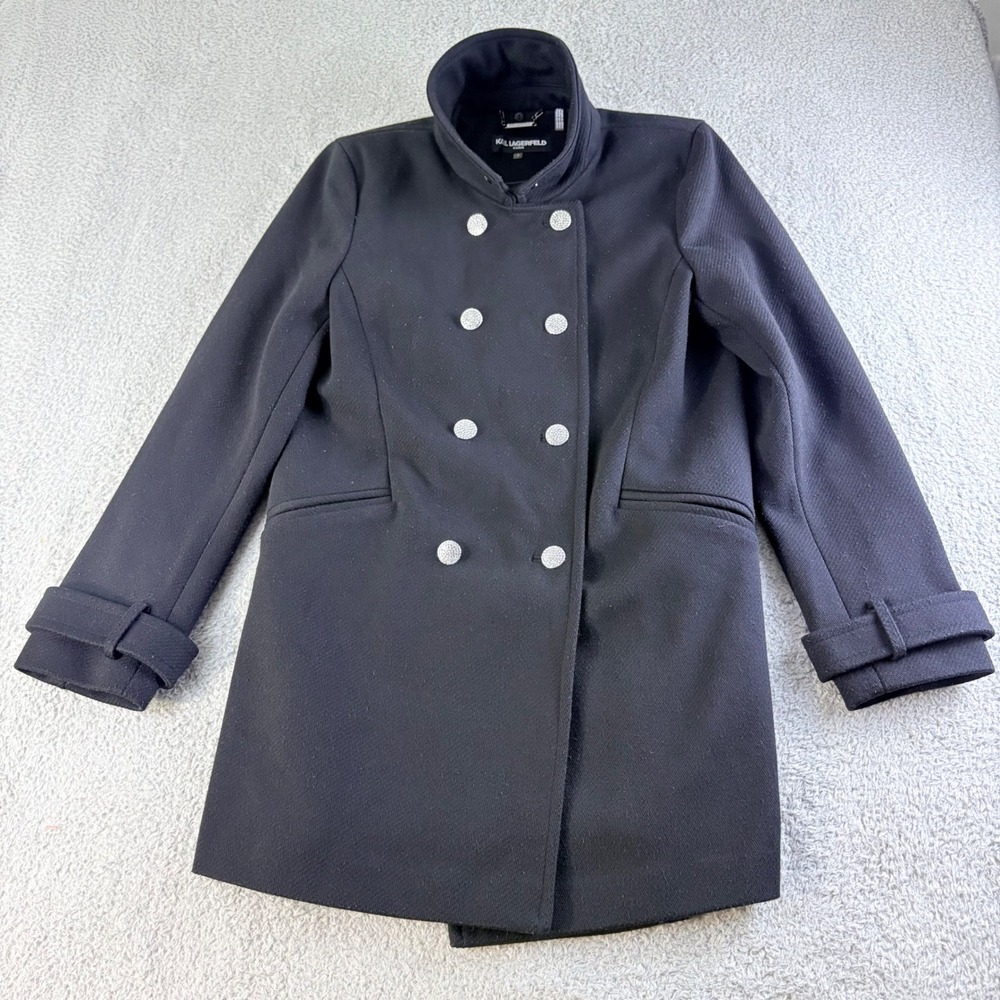 Karl Lagerfeld Paris Pea Coat Womens 8 Black Glitter Button Funnel Neck Jacket